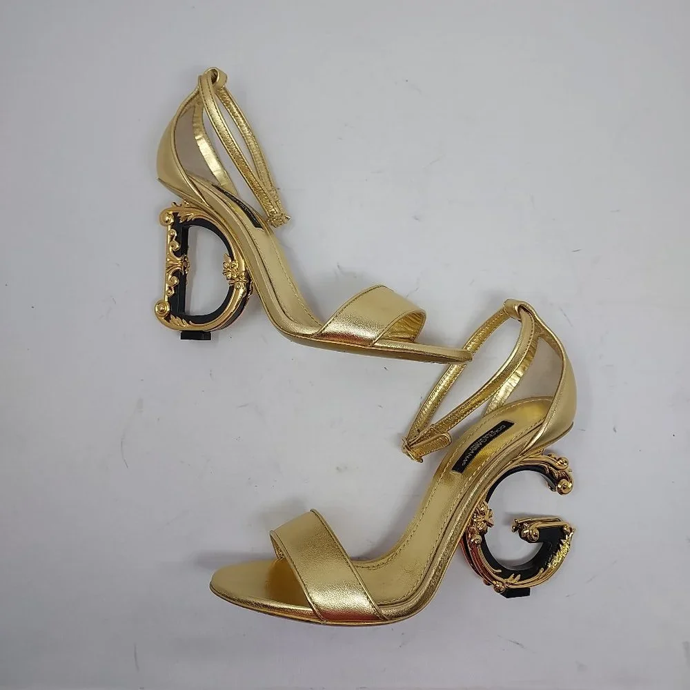 DOLCE&GABBANA Sculpted-Heel Metallic Leather Sandals - Picture 1 of 10